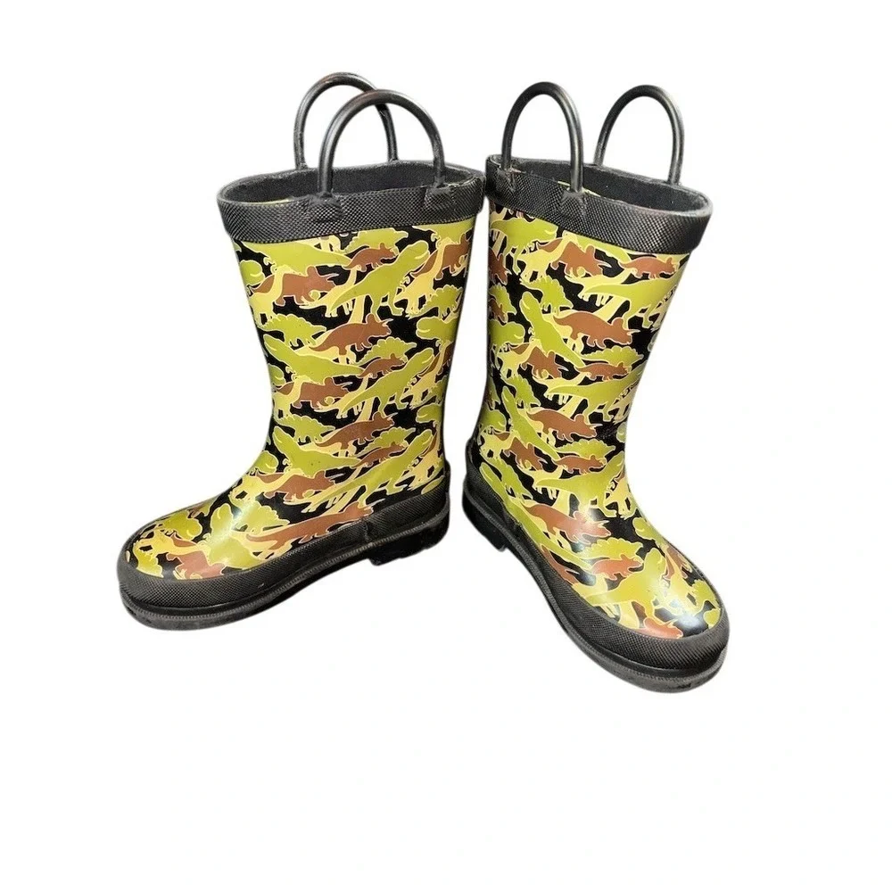 London Fog Boys Rain Boots Size 9 Multicolor‎ Dinosaur Print Waterproof pull on